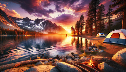 Wall Mural - Lakeside camping at sunset