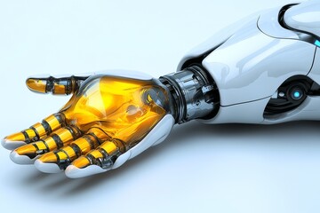 Poster - Robotic hand with gold elements holding a capsule symbolizing the precision and control in modern pharmaceuticals captured in a bright detailed image with a focus on futuristic design