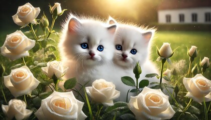 Two adorable white kittens with blue eyes nestled among white roses