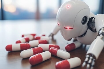 Poster - Humanoid robot lying down next to large red and white capsules symbolizing the intersection of AI and modern medicine captured in a bright detailed environment