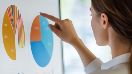 Poster - A businesswoman pointing to a section of a pie chart during a presentation, highlighting key data points