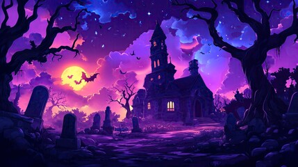 Wall Mural - Illustration of Halloween castle with graveyard. Holiday event halloween banner background concept