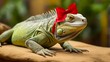 © *** *** - Green iguana with a red festive bow on its neck isolated on yellow background. Banner with copy space. Close up, side view. National Iguana Awareness Day