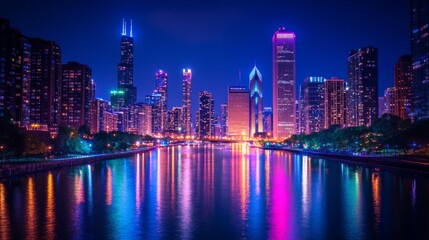 Poster - A city skyline lit up at night with colorful lights and reflections on a river, capturing the vibrant nightlife atmosphere.