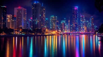 Poster - A city skyline lit up at night with colorful lights and reflections on a river, capturing the vibrant nightlife atmosphere.