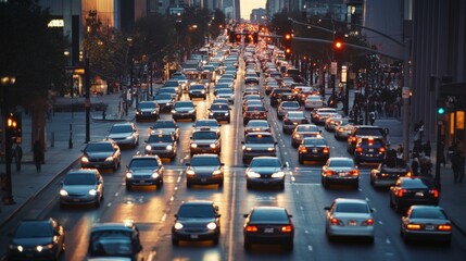 Aufkleber - A city street with multiple lanes filled with cars, all stopped or moving slowly due to traffic congestion.