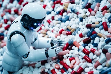 Poster - Robot in a sea of colorful capsules symbolizing the overwhelming presence of pharmaceuticals in modern life captured in a vibrant detailed image