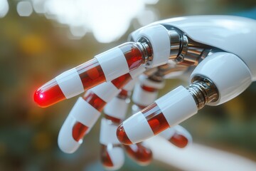 Poster - Robotic hand extending capsules symbolizing the intersection of AI and medicine captured in a bright detailed setting