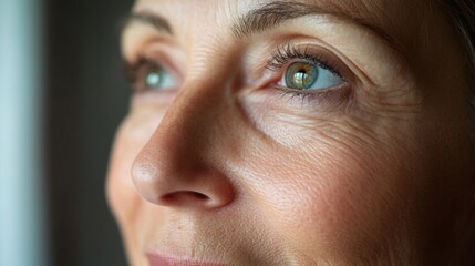 a close-up of a 50-year-old woman's face showing her natural, radiant skin with fine lines and a gen