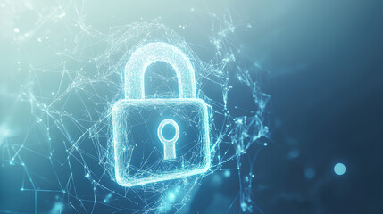 Wall Mural - abstract cyber security concept with a padlock icon, network data and dynamic lines on a light blue 