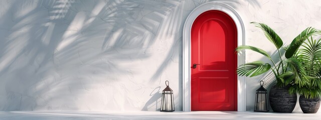  A red door flanked by two potted plants in front of a white wall