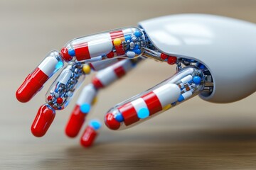 Poster - Robotic hand with a transparent design holding capsules symbolizing the fusion of technology and medicine captured in a bright high tech environment