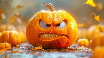 Wall Mural - Happy Halloween. The concept of a toothy dissatisfied pumpkin. A pumpkin with a frowning face is surrounded by other pumpkins. The scene turned out to be playful