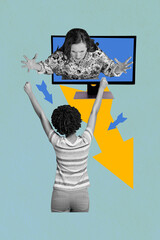 Sticker - Vertical image collage young woman rise hands monitor screen computer agression nervous celebrate happy achieve goal aim