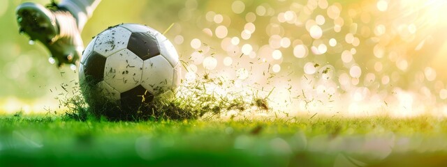  A soccer ball rests on the grass beside a fire hydrant, sunny daybackdrop subtly blurred