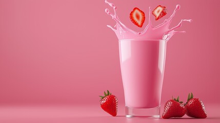 Wall Mural - A glass of pink milk with strawberries on the side. The pink color of the milk and the strawberries creates a feeling of freshness and healthiness