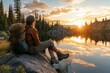© Sherley - Female backpacker enjoying sunset by mountain lake, peaceful wilderness adventure in the Rockies