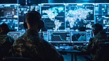 a military command center with soldiers and digital screens displaying maps
