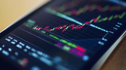 a close-up of a smartphone screen displaying a live stock chart, emphasizing mobile trading capabili