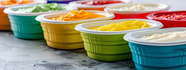 Wall Mural -  A row of plastic containers, each holding distinctly colored toppings, aligns on a pristine white countertop