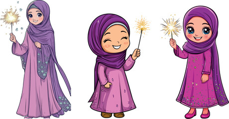 Fireworks illustration depicting a happy Muslim woman