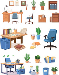 Illustration of a flat modern interior for freelancers and remote workers. Business office element set for workplaces. Student environment object collection for education. 2D furniture with plant,