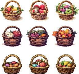 Sticker - Basket with harvest of autumn fruits and vegetables. Apple, mushroom, oranges, flower and berry picking collection.