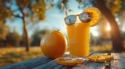 Wall Mural - A vibrant, photorealistic scene of an orange wearing cool sunglasses, enjoying a glass of orange juice with a straw on a picnic table with a scenic park background