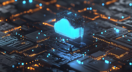 Blue Glowing Data Cube Floating Over an Array of Digital Circuits