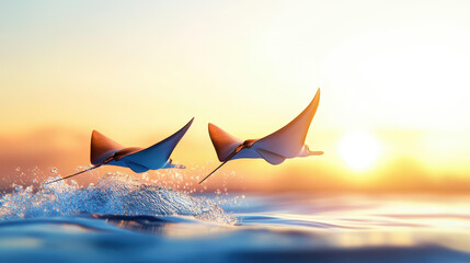 Wall Mural - Elegant mobula rays soar above the sea in this stunning K hyperrealistic image, capturing natures beauty in motion.