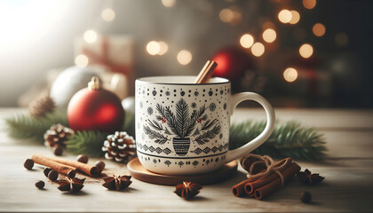 Wall Mural - Close-up photo of christmas coffee mug on table