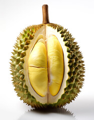 fresh durian flesh slice in wooden bowl isolated on white background