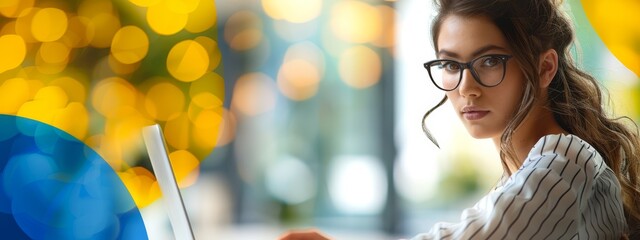 Sticker -  A young woman with glasses gazes intently at a book against a backdrop of vibrant lighting displays