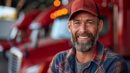 A cheerful truck driver with a beard and cap smiles warmly in front of a row of red trucks, ready for the day's journey.