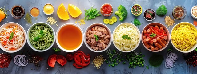  A table, topped with bowls holding various vegetable types on one side and bowls containing vegetables and meat on the other