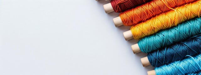 Poster -  A white surface showcases a row of multicolored thread spools