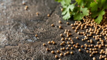 Wall Mural - Coriander seeds spill across a textured stone surface beside fresh cilantro, illustrating the freshness and diversity of culinary ingredients.