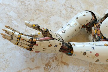 Poster - White robotic hand holding a mix of pills over a marble surface representing precision in medication management