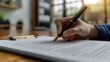 © LuvTK - Close-up shot of a hand signing a contract renewal document, luxury fountain pen in action, office calendar in the background, office with modern decor, sleek desk, contract text blurred,