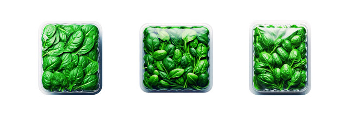 Wall Mural - Set of pack of Spinach in transparent Packaging, isolated over on transparent white background