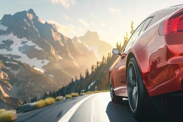 A modern car driving on a winding mountain road at sunset