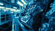 © VK Studio - An assembly line of engines in a blue-lit industrial workshop, highlighting the detailed components and precision skills involved in manufacturing.