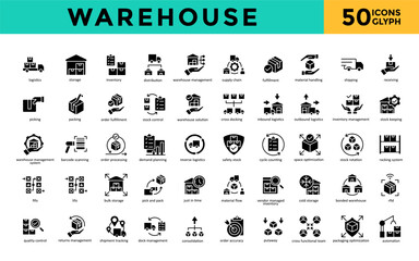 Poster - Warehouse icons set with logistics, storage, inventory, distribution, warehouse management, supply chain, fulfillment, material handling, shipping, receiving icon. Simple glyph vector 
