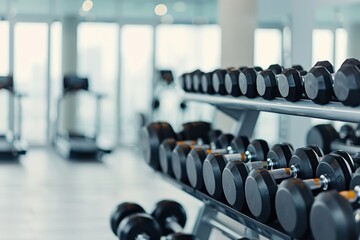 A modern gym with a neatly organized rack of dumbbells, featuring a bright, spacious interior with treadmills in the background.