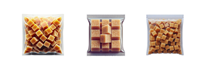 Set of pack of pieces of brown sugar in transparent Packaging, isolated over on transparent white background