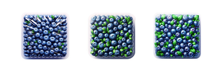 Wall Mural - Set of pack of Blueberries in transparent Packaging, isolated over on transparent white background