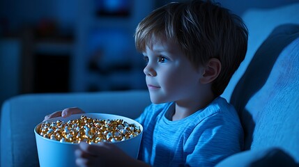 A young boy with light brown hair sits on a sofa, eagerly holding a bowl of colorful popcorn while watching a movie in a dimly lit room.