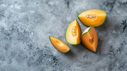 Sticker - Sliced cantaloupe pieces scattered on a textured, rustic surface, showcasing their vibrant color and juicy texture.