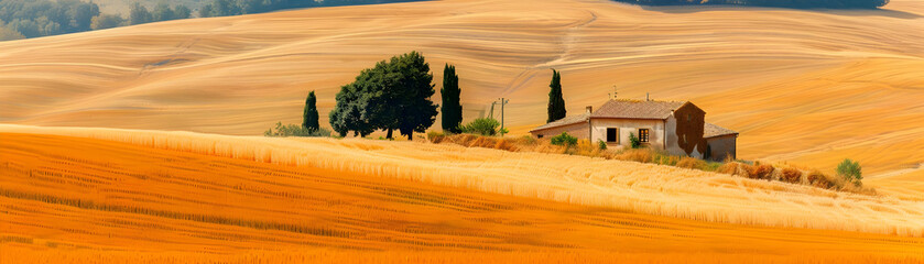 Farmhouse in a Field of Golden Wheat - Realistic Photo