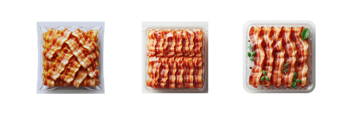 Wall Mural - Set of pack of Crispy fried bacon slices in transparent Packaging, isolated over on transparent white background